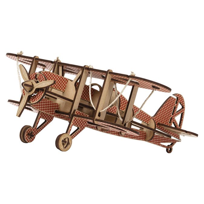 Maquette Avion Biplan en bois 32 x 28.5 cm Rouge