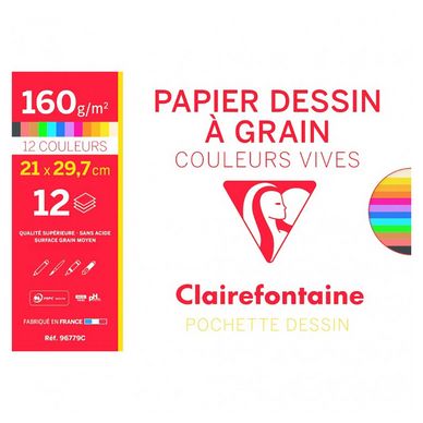 Pochette de papier Dessin à Grain A4 21 x 29,7 cm 160 g/m² 12 feuilles Couleurs Vives