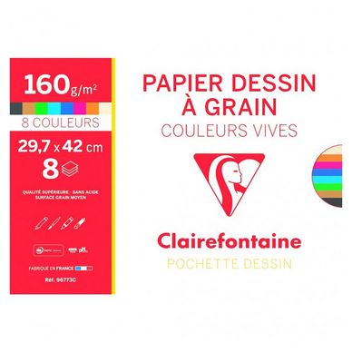 Pochette Dessin à Grain 160 g/m² A3 29.7 x 42 cm 8 Couleurs vives  Clairefontaine chez Rougier & Plé